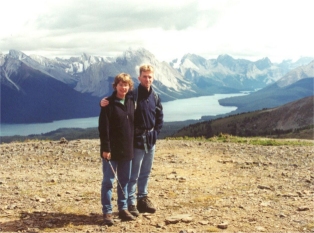 Maligne Lake from Bald Hills, 
		with Eric & me